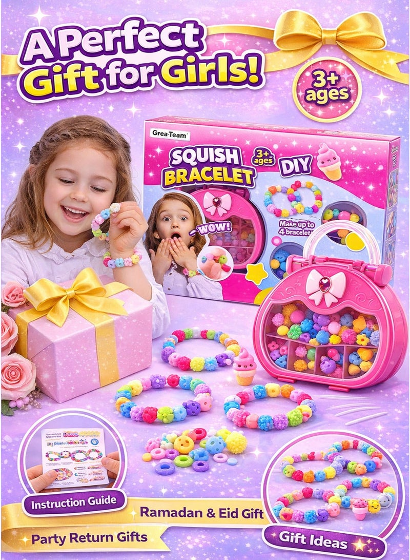 GreaTeam Squish Bracelet DIY Kit for Girls 3+ Years Make Up to 4 Soft & Squishy Bracelets with Colorful Sensory Beads & Cute Charms Kids Bracelet Making Craft Set with Elastic Strings & Pink Storage Case Non-Toxic Creative Jewelry Toy Gift for Birthday Party Favors & Eid - Image 4
