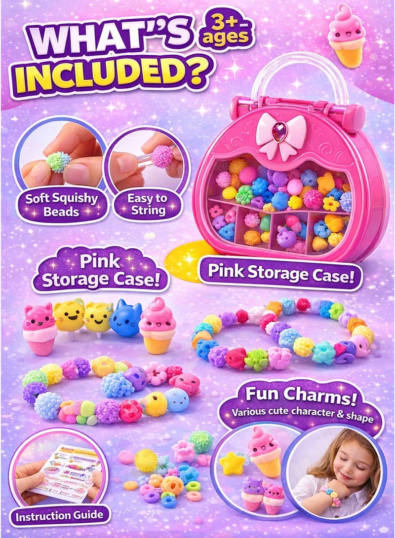 GreaTeam Squish Bracelet DIY Kit for Girls 3+ Years Make Up to 4 Soft & Squishy Bracelets with Colorful Sensory Beads & Cute Charms Kids Bracelet Making Craft Set with Elastic Strings & Pink Storage Case Non-Toxic Creative Jewelry Toy Gift for Birthday Party Favors & Eid - Image 3
