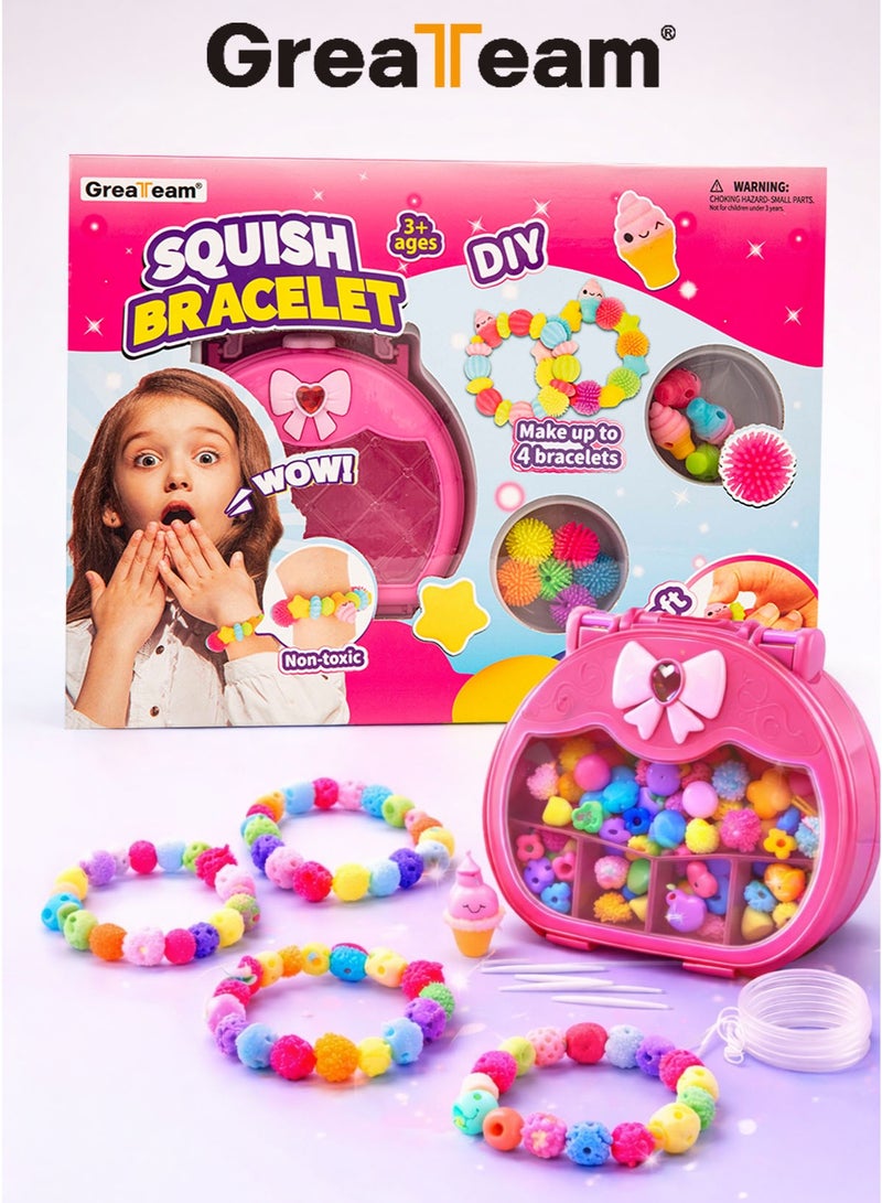 GreaTeam Squish Bracelet DIY Kit for Girls 3+ Years Make Up to 4 Soft & Squishy Bracelets with Colorful Sensory Beads & Cute Charms Kids Bracelet Making Craft Set with Elastic Strings & Pink Storage Case Non-Toxic Creative Jewelry Toy Gift for Birthday Party Favors & Eid - Image 1