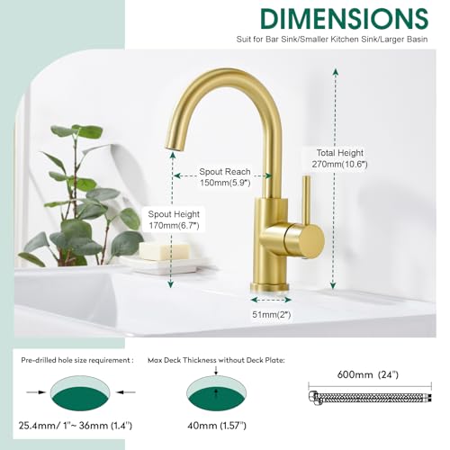 CREA Bar Sink Faucet Single HoleBrushed Gold Faucets for Large Bathroom BasinSmall Kitchen SinkStainless Steel with Deck PlatePrep Wet Bar Lavatory Vanity Outdoor - Image 3