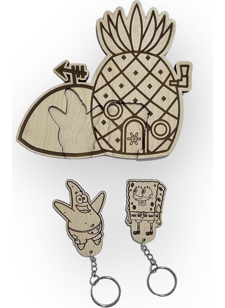 Dalyan Spongebob and Patrick Pineapple House Wooden Keychain Holder and Keychain Set  - Image 2