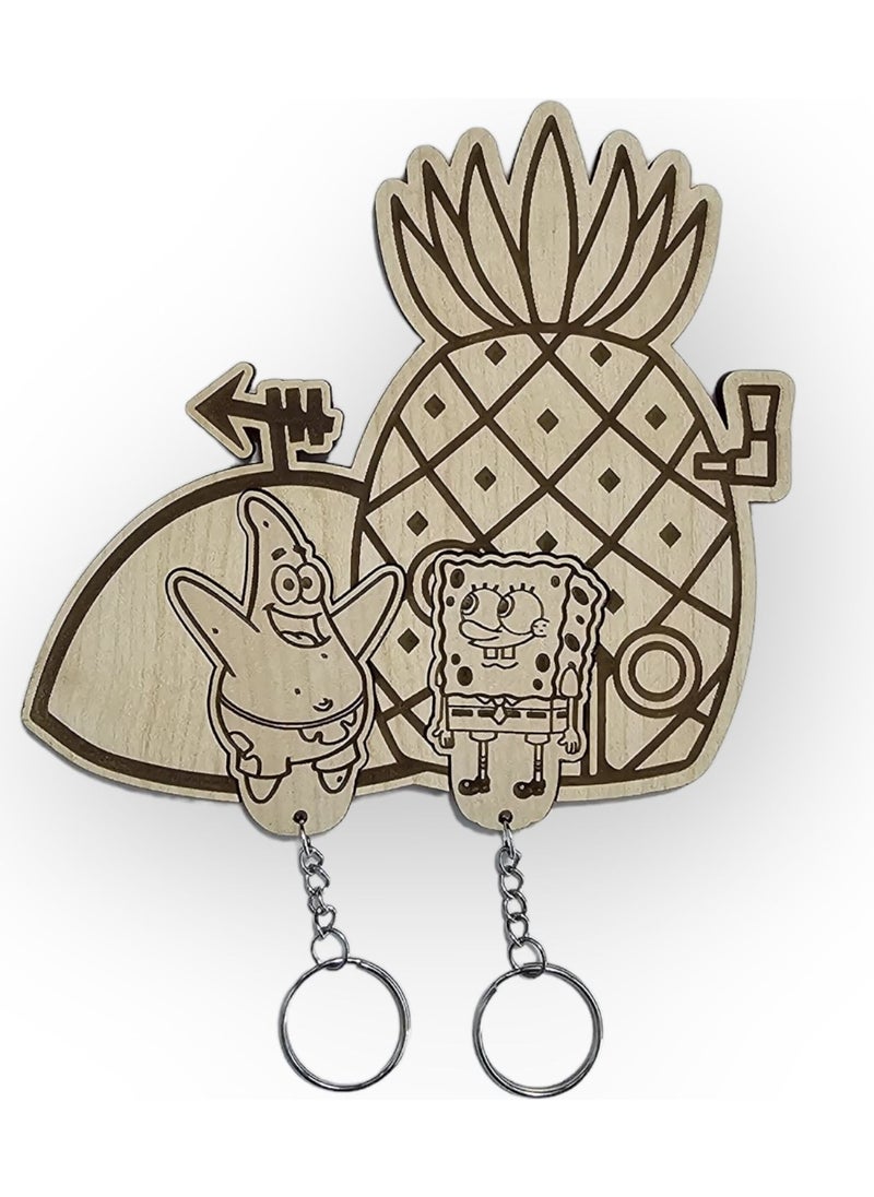 Dalyan Spongebob and Patrick Pineapple House Wooden Keychain Holder and Keychain Set  - Image 1