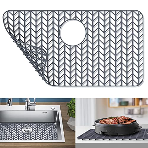 GUUKIN Sink Protectors for Kitchen Sink, 26''x 14'' Silicone Kitchen Sink Mat Grid for Bottom of Farmhouse Stainless Steel Porcelain Sink with Rear Drain (Grey) - Image 1