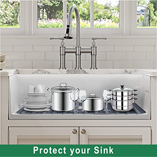 GUUKIN Sink Protectors for Kitchen Sink, 26''x 14'' Silicone Kitchen Sink Mat Grid for Bottom of Farmhouse Stainless Steel Porcelain Sink with Rear Drain (Grey) - Image 4