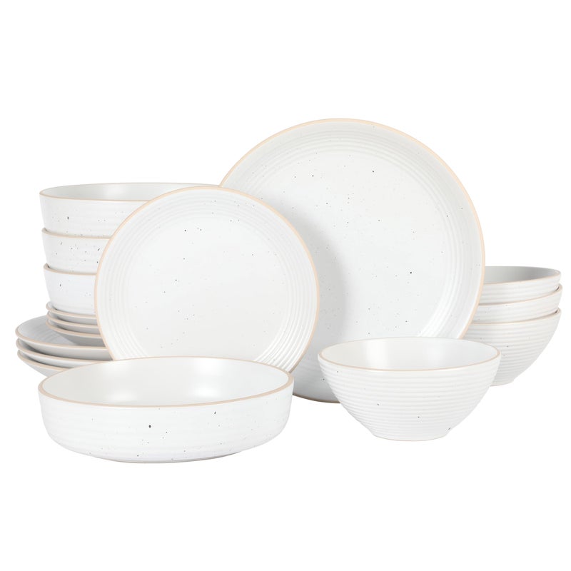 Gibson Home Dinah 16 Piece Double Bowl Stoneware Embossed Speckled Dinnerware Set  Matte White