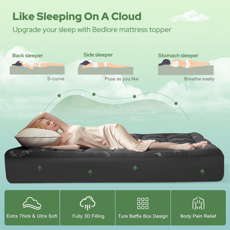 BEDLORE Twin Mattress Topper Viscose Derived from Bamboo, Thick Pillow Top Mattress Pad with Stretchable Pockets for 6"-15" Mattress, Soft Breathable Mattress Topper for Back Pain Relief(Dark Gray) - Image 4