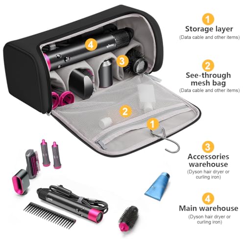 maycreate حقيبة سفر وتنظيم من MAYCREATE® مصنوعة من جلد PU لجهاز Dyson Airwrap وملحقاته، مقاومة للماء، مقاومة للصدمات، مقاومة للغبار، محمولة مع خطاف للتعليق، سوداء، مجموعة هدايا - Image 3