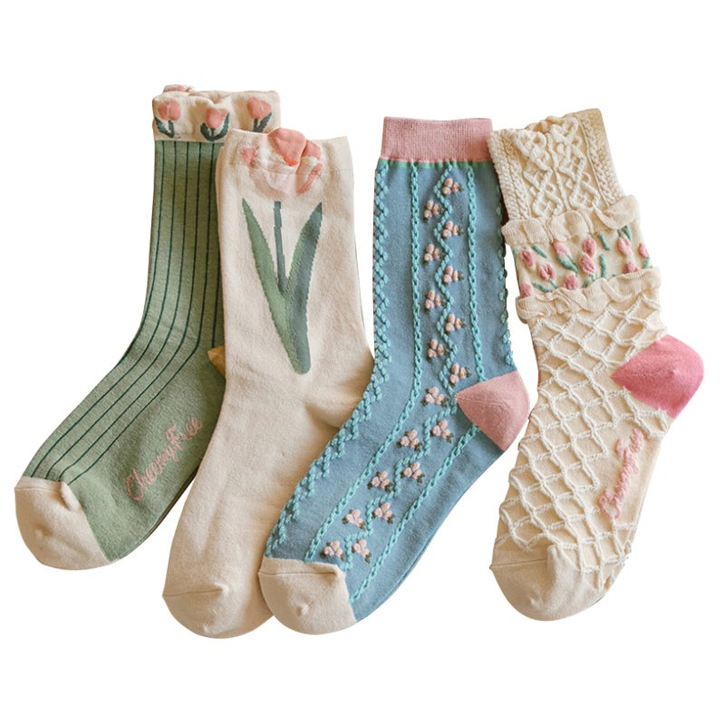 MarJunSep Cute Floral Crew Socks for Women Teen Girls Flower Cottagecore Frilly Vintage Fancy Cotton Socks Tulip Aesthetic Socks - Image 1