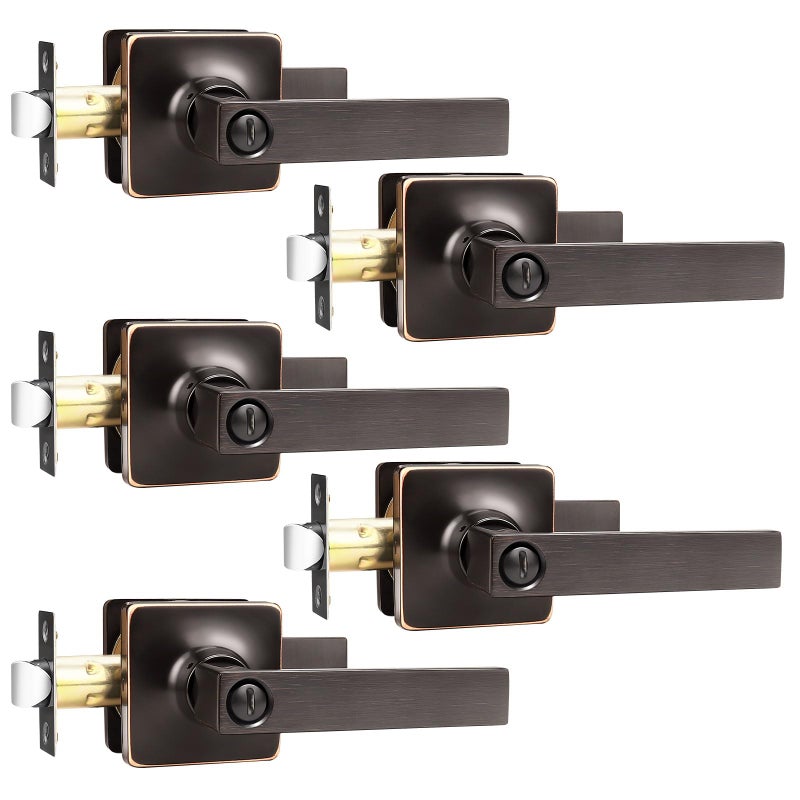 GOBEKOR 5 Pack Oil Rubbed Bronze Door Handle Interior Door Levers Privacy for Bedroom Bathroom Square Door Handles Keyless Straight Levers
