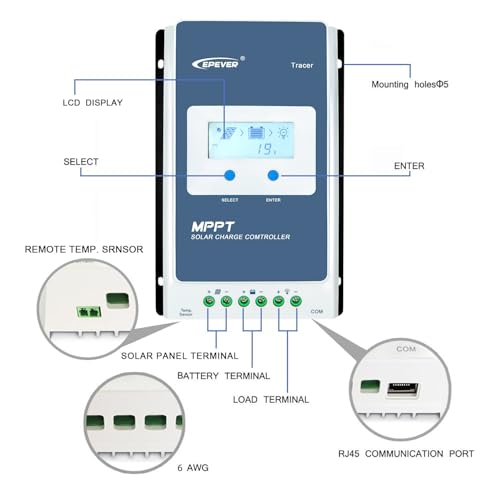 EPEVER 40A MPPT Solar Charge Controller 12V 24V Negative Grounded Backlight LCD Display for Gel Sealed Flooded Lithium (Tracer 4210AN G3+ Remote Meter MT52+ RTS) - Image 2