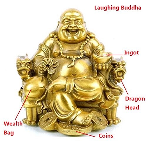 WEALTHCOMING Fengshui Buddha Statue for Lucky & Happiness God of Wealth,Laughing Buddha on Emperor`s Dragon Chair,Brass Buddhist Statues and Sculptures Home Decor Congratulatory Gifts (Large) - Image 3