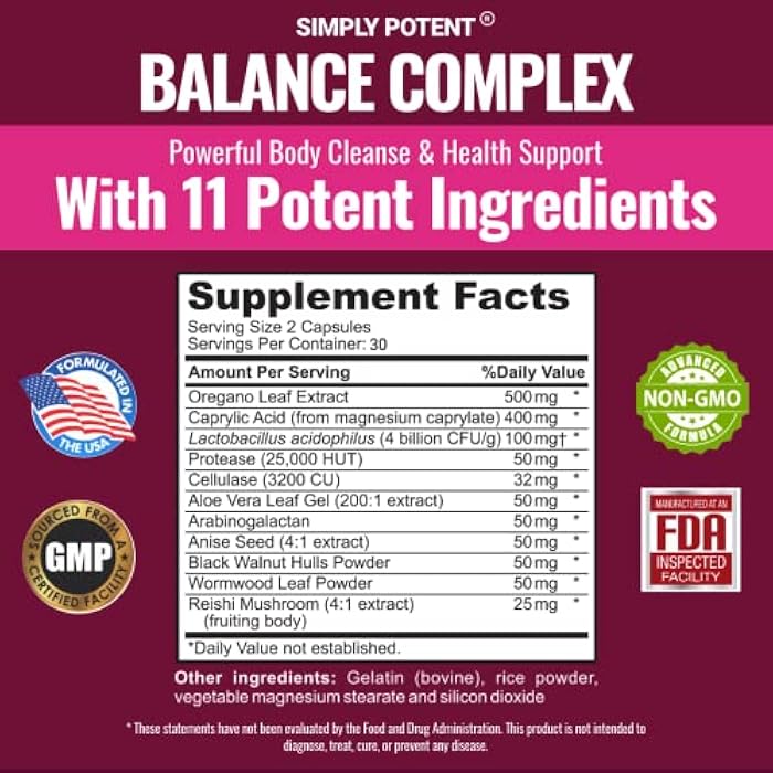 Simply Potent Balance Complex for Women, Candida Cleanse & Vaginal Health Dietary Supplement, Natural Formula with Oregano, Caprylic Acid, Aloe, Probiotics & Enzymes for Gut & Immune Health Support, 60 Capsules - Image 3