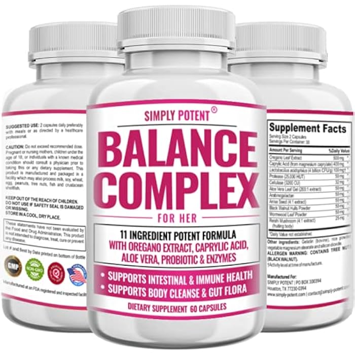 Simply Potent Balance Complex for Women, Candida Cleanse & Vaginal Health Dietary Supplement, Natural Formula with Oregano, Caprylic Acid, Aloe, Probiotics & Enzymes for Gut & Immune Health Support, 60 Capsules - Image 1