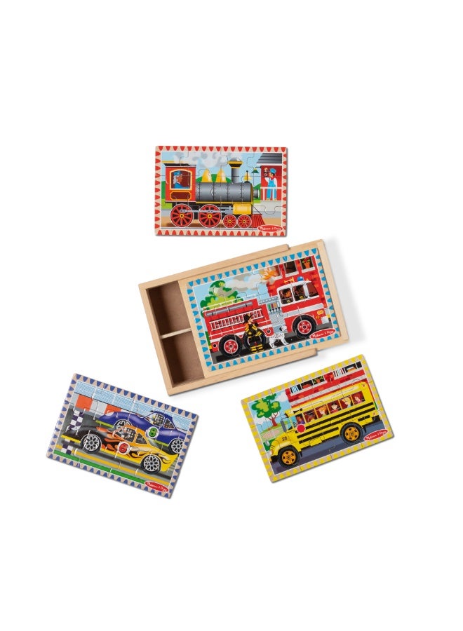 Melissa & Doug Vehicle Puzzles in a Box - 4 Wooden Jigsaw Puzzles Set - Image 1
