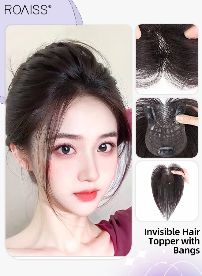 رويس باروكة شعر نسائية غير مرئية مع غرة، باروكة شعر بمزاج مقسمة من المنتصف، شبكة داخلية منعشة وجيدة التهوية، مناسبة للنساء ذوات تساقط الشعر الخفيف، تزيد من كثافة الشعر، تغطي الشعر الرمادي، لون أسود طبيعي، 7×9 سم  - Image 1