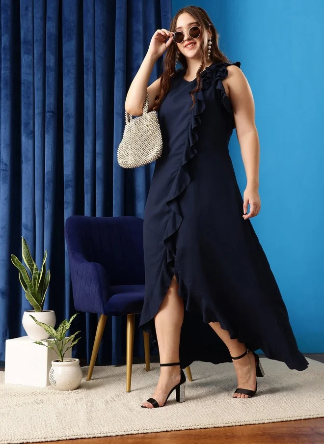 CURVY STREET فستان كيرفي مقاس كبير أزرق داكن بكشكشة مناسب ومحتضن