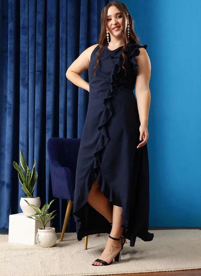 CURVY STREET فستان كيرفي مقاس كبير أزرق داكن بكشكشة مناسب ومحتضن