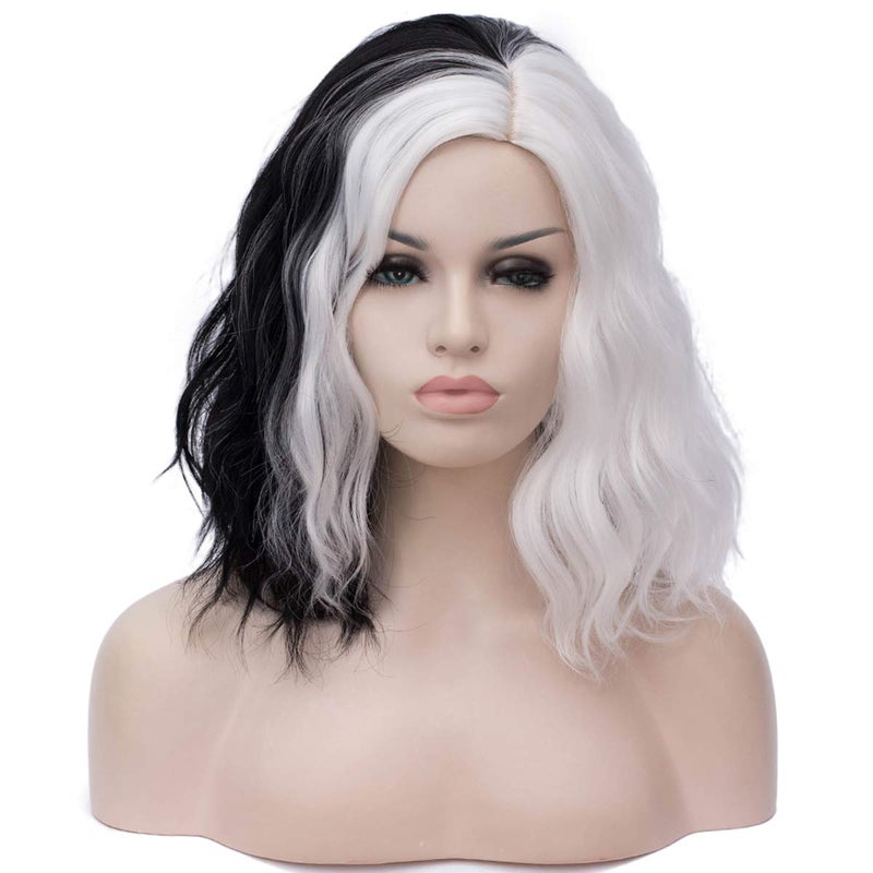 Mildiso Black and White Cruella Deville Wig for Women Cruella Deville Costume Short Curly Wavy Hair Wig Cute Soft Wigs for Costume Party M058C - Image 2