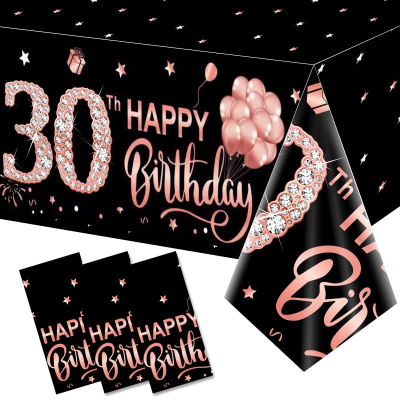 3 Pack Rose Gold Happy Thirty Table Cover  30th Birthday Party Supplies Plastic Disposable Rectangular Table Cloth Decor