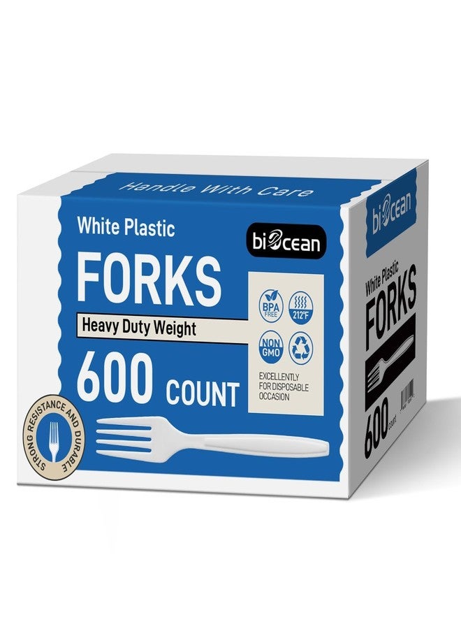 biocean 600Pack Disposable Plastic Forks Bulk White Heavy Duty Silverware - Value Pack Cutlery Set For Parties, Restaurant (600FORKS) - Image 1
