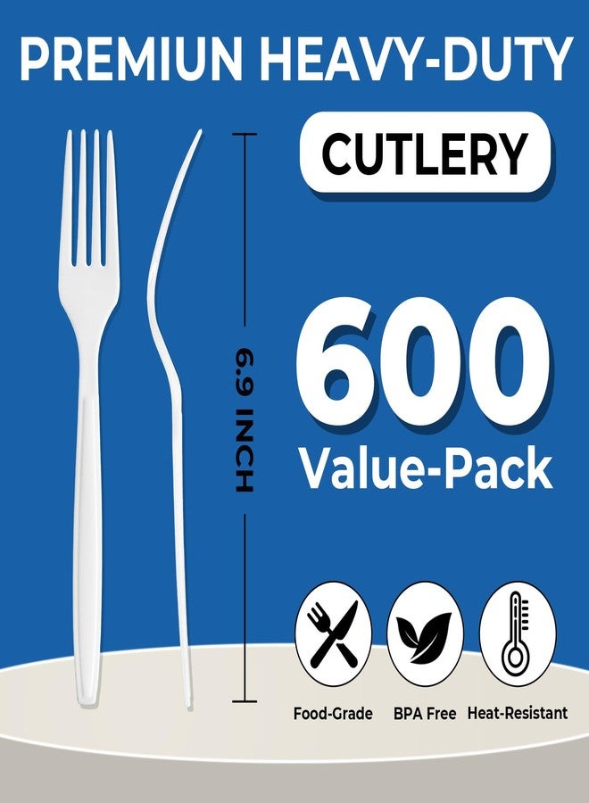 biocean 600Pack Disposable Plastic Forks Bulk White Heavy Duty Silverware - Value Pack Cutlery Set For Parties, Restaurant (600FORKS) - Image 2