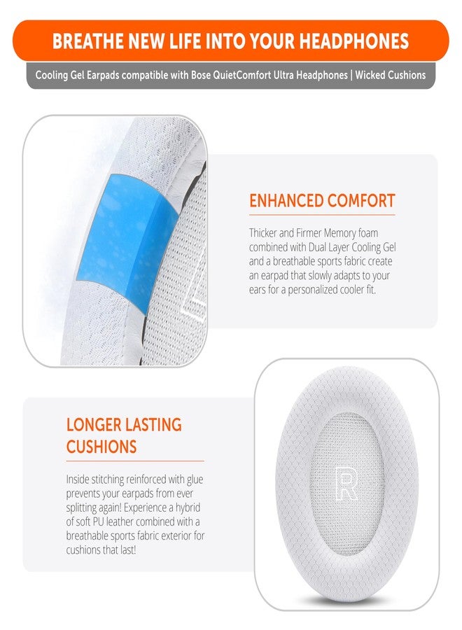 WC Freeze QC Ultra - Cooling Gel Ear Pads for Bose Quietcomfort Ultra Headphones Made by Wicked Cushions | Breathable Sports Fabric, Cooling Gel, Extra Thick & Cooler for Longer | White - Image 4