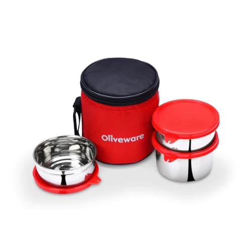 SOPL-OLIVEWARE oliveware Lovely Stylo Lunch Box, Leak Proof & BPA Free Lid, 3 Stainless Steel Containers (2x290ml & 500ml), Fabric Jacket - Red - Image 1