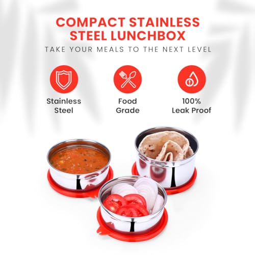 SOPL-OLIVEWARE oliveware Lovely Stylo Lunch Box, Leak Proof & BPA Free Lid, 3 Stainless Steel Containers (2x290ml & 500ml), Fabric Jacket - Red - Image 2