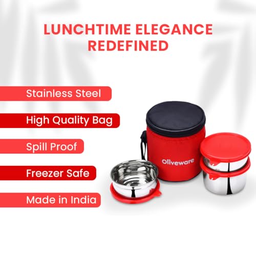 SOPL-OLIVEWARE oliveware Lovely Stylo Lunch Box, Leak Proof & BPA Free Lid, 3 Stainless Steel Containers (2x290ml & 500ml), Fabric Jacket - Red - Image 3
