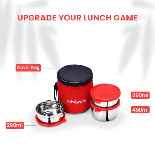 SOPL-OLIVEWARE oliveware Lovely Stylo Lunch Box, Leak Proof & BPA Free Lid, 3 Stainless Steel Containers (2x290ml & 500ml), Fabric Jacket - Red - Image 4