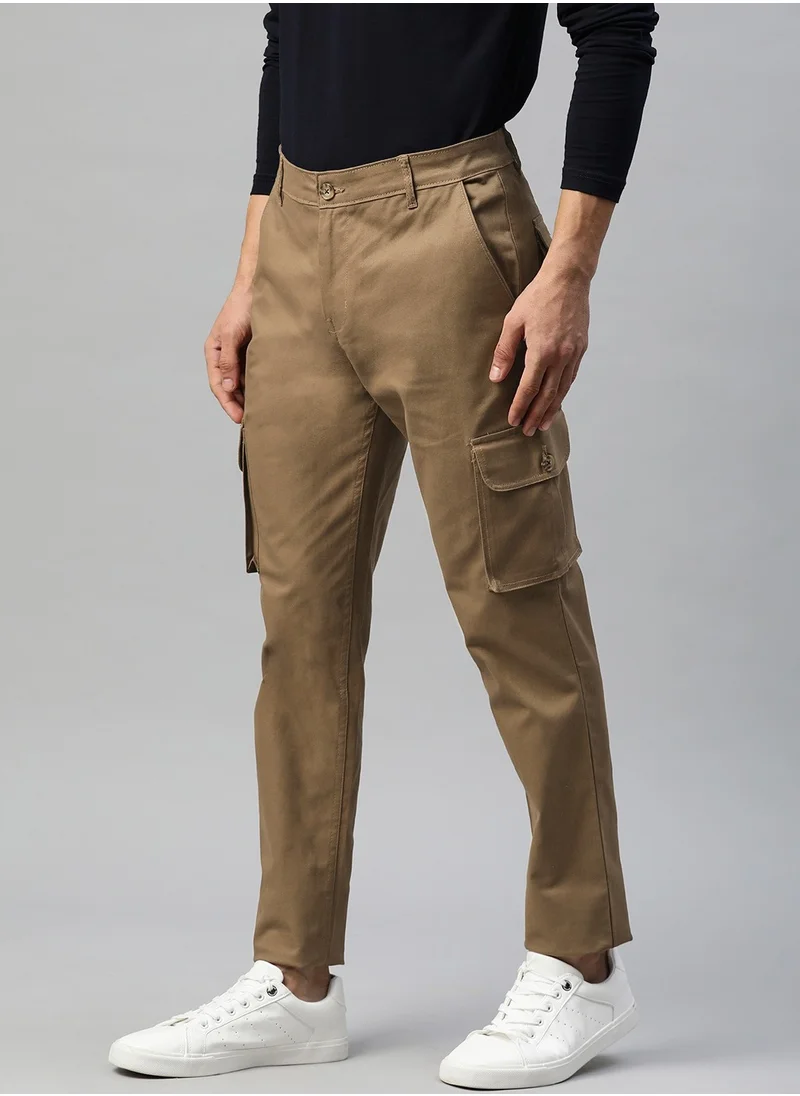 Hubberholme Khaki Slim Fit Cargo Trousers for Men, Mid-Rise, Durable Cotton, Stylish and Functional