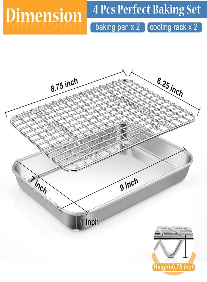 TeamFar Toaster Oven Pan with Rack Set, 9 x 7 x 1 Inch Stainless Steel Mini Baking Pan Tray with Grid Rack for Baking Roasting Cooling, Non-Toxic & Heavy-Duty, Dishwasher Safe, (2 Pans + 2 Racks) - Image 2