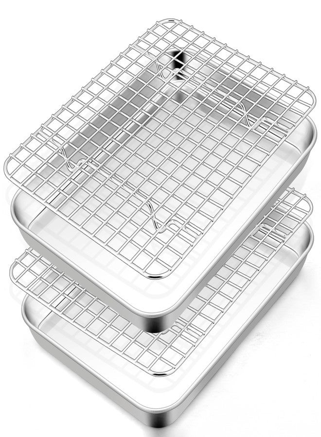 TeamFar Toaster Oven Pan with Rack Set, 9 x 7 x 1 Inch Stainless Steel Mini Baking Pan Tray with Grid Rack for Baking Roasting Cooling, Non-Toxic & Heavy-Duty, Dishwasher Safe, (2 Pans + 2 Racks) - Image 1