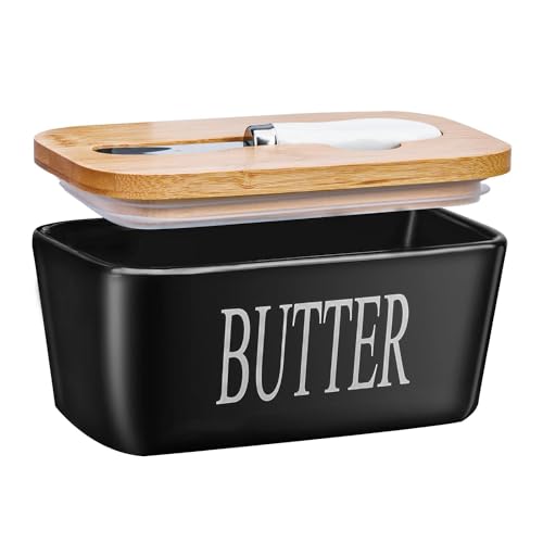 Lemon Tree Ceramic Butter Box with Wooden Lid – Durable Butter Keeper for Refrigerator & Counter, Butter Storage Container with Lid, Non-Slip Butter Dish, Ideal for Softening Butter (Black) - Image 1