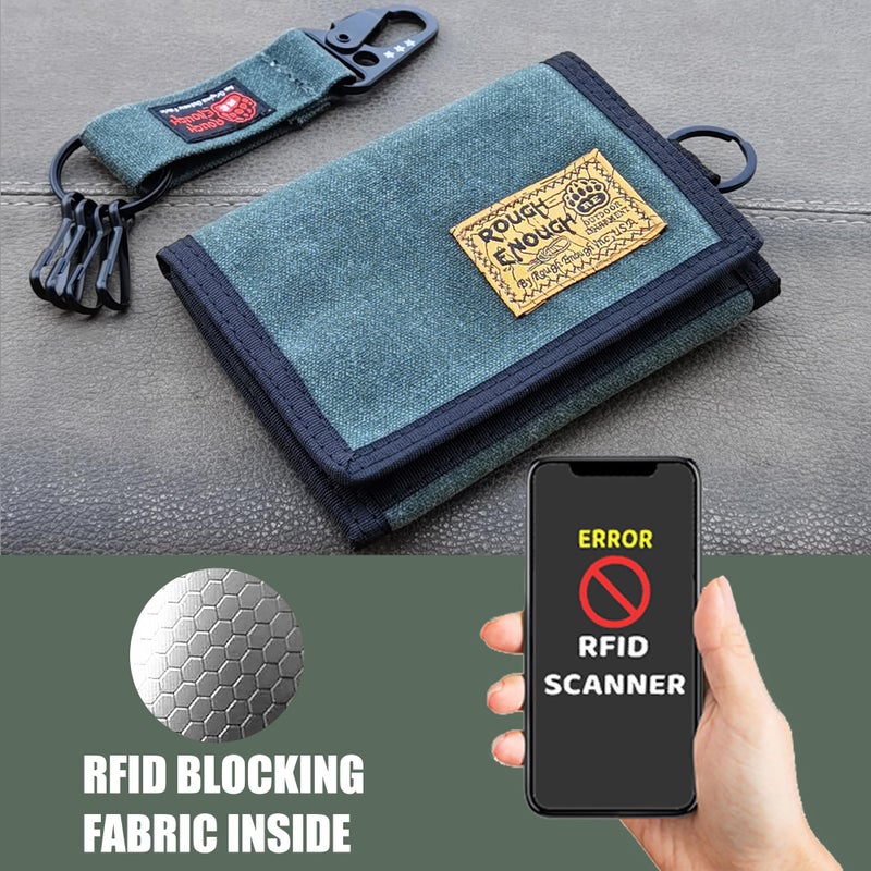 RE ROUGH ENOUGH Rough Enough Boys Wallet for Teen Boys Kids Men RFID Blocking Wallet with Keychain Neck Lanyard Tactical Army Green Waxed Canvas - Image 3