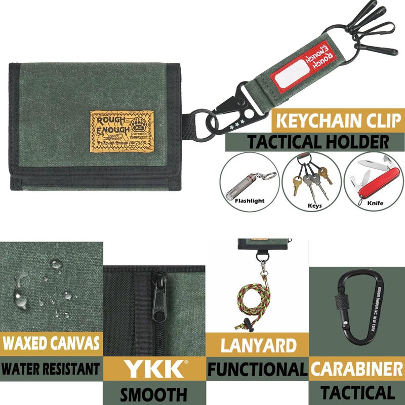 RE ROUGH ENOUGH Rough Enough Boys Wallet for Teen Boys Kids Men RFID Blocking Wallet with Keychain Neck Lanyard Tactical Army Green Waxed Canvas - Image 4