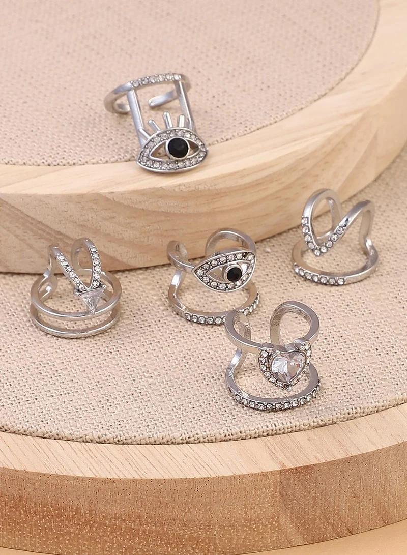 Women The Malocchio Nail Ring Set | Metallic Silver Colour | Set Of 5 | One-Size | Artificial Stone Alloy Material | Adjustable Closure | Ring For Casual & Evening Wear