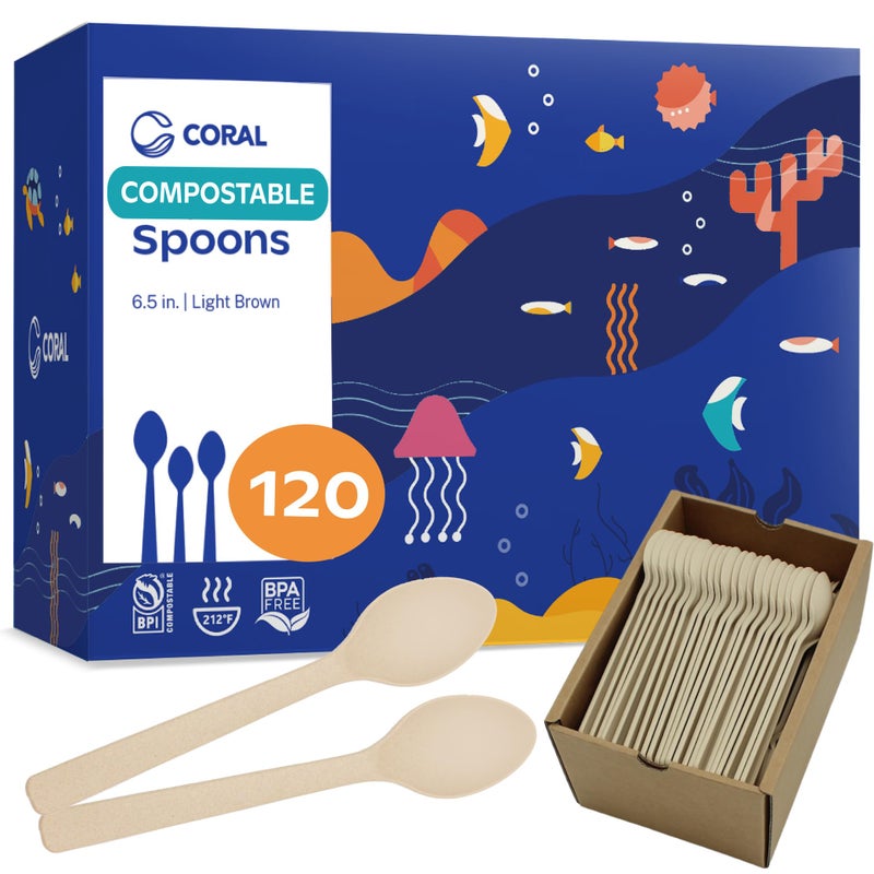 CORAL Light Brown 100% Compostable Spoons - 120 Heavy Duty No Plastic Spoons (6.5 inch) - Break-Resistant with Smooth Edges  Ocean Friendly Alternative to Plastic Cutlery - Biodegradable & Disposable - Image 1
