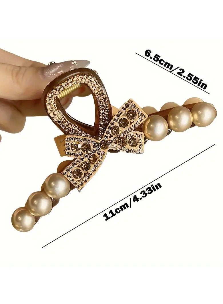 Goolsky 1pc Elegant Large Bowknot Hair Claw with Pearls & Crystals - Golden-Toned French Design Shark Clip for Thick Hair, Ideal Gift, Shark Hair Clip - Image 3