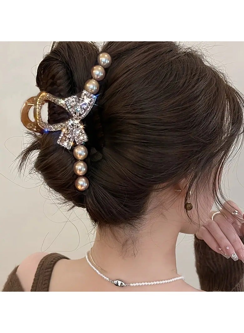 Goolsky 1pc Elegant Large Bowknot Hair Claw with Pearls & Crystals - Golden-Toned French Design Shark Clip for Thick Hair, Ideal Gift, Shark Hair Clip - Image 4