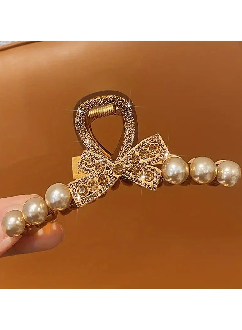 Goolsky 1pc Elegant Large Bowknot Hair Claw with Pearls & Crystals - Golden-Toned French Design Shark Clip for Thick Hair, Ideal Gift, Shark Hair Clip - Image 5