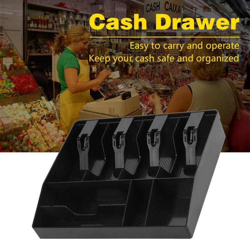 Plastic Cash Drawer Tray 32x27x6cm 4 Bill 4 Coin Compartments - Easy Insert Remove Cash Box Organizer for Drawers - Image 2