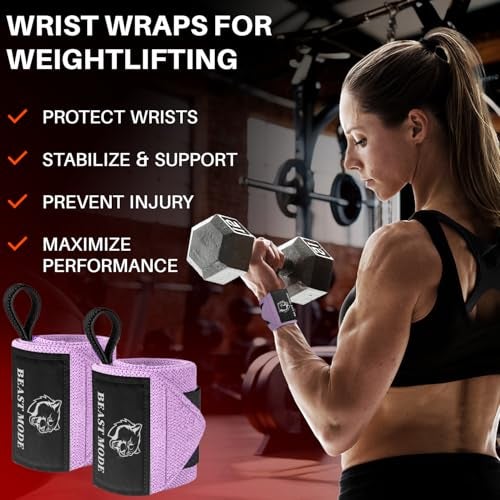 TECEUM Weightlifting Wrist Wraps with Thumb Loop – Pink – Beast Mode – 18 inch – Heavy-Duty Workout Wrist Support & Protection – Ideal for Powerlifting, Strength Training, Bodybuilding - Image 2