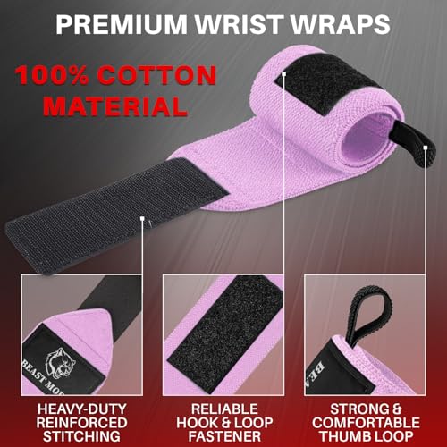 TECEUM Weightlifting Wrist Wraps with Thumb Loop – Pink – Beast Mode – 18 inch – Heavy-Duty Workout Wrist Support & Protection – Ideal for Powerlifting, Strength Training, Bodybuilding - Image 3