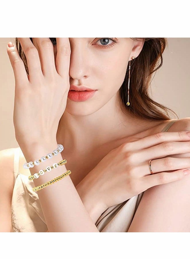 DIY Jewelry Making Kit 1800Pcs with 1500Pcs Gold Round Beads 150Pcs Alphabet Beads 150Pcs White Pearls and Elastic String for Crafts - Image 2