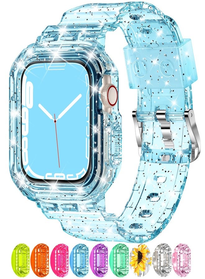 XYF Compatible for Crystal Clear Apple Watch Bands, 41mm 40mm 38mm Bumper Case for Men Women Jelly Sport Cover Strap for iWatch Ultra 2/1 Series 10 9 8 7 SE 6 5 4 3 2 1 (Glitter Blue, 38/40/41) - Image 1