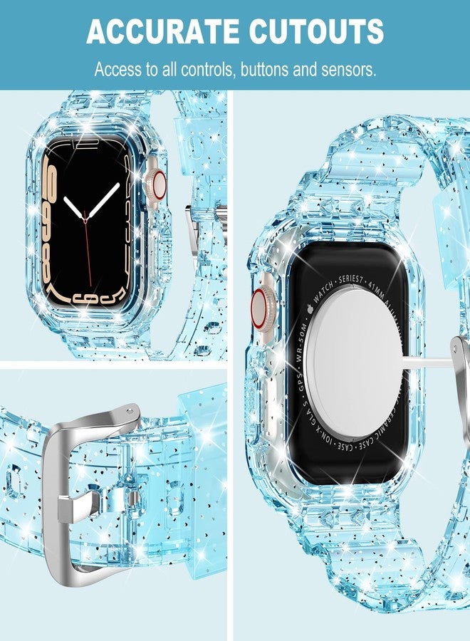 XYF Compatible for Crystal Clear Apple Watch Bands, 41mm 40mm 38mm Bumper Case for Men Women Jelly Sport Cover Strap for iWatch Ultra 2/1 Series 10 9 8 7 SE 6 5 4 3 2 1 (Glitter Blue, 38/40/41) - Image 4