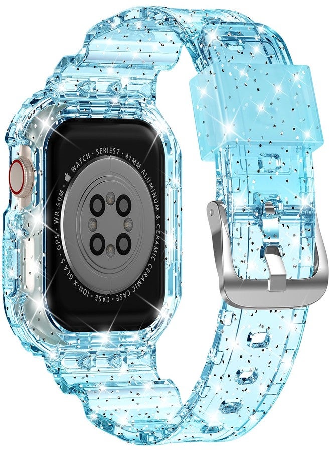 XYF Compatible for Crystal Clear Apple Watch Bands, 41mm 40mm 38mm Bumper Case for Men Women Jelly Sport Cover Strap for iWatch Ultra 2/1 Series 10 9 8 7 SE 6 5 4 3 2 1 (Glitter Blue, 38/40/41) - Image 2