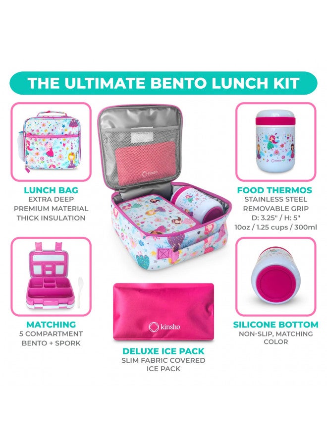 Kinsho kinsho Fairy Lunch Box with Thermos, Matching Bag and Ice Pack Set for Girls, Kids Bento Box wtih 5 Compartments, Lunch Bag, Food Jar Set, Pink Fairy Princess - Image 2