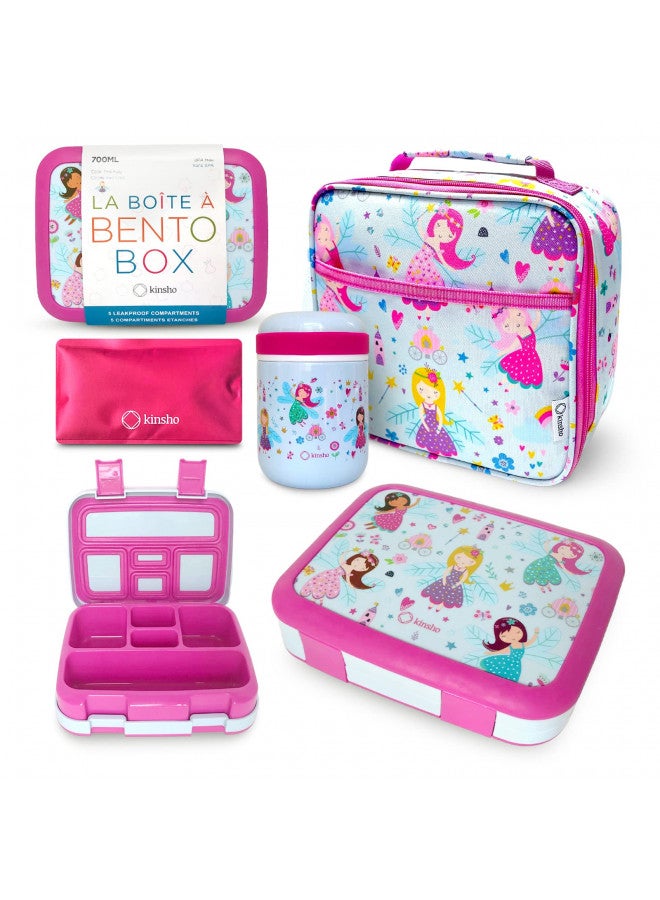 Kinsho kinsho Fairy Lunch Box with Thermos, Matching Bag and Ice Pack Set for Girls, Kids Bento Box wtih 5 Compartments, Lunch Bag, Food Jar Set, Pink Fairy Princess - Image 1
